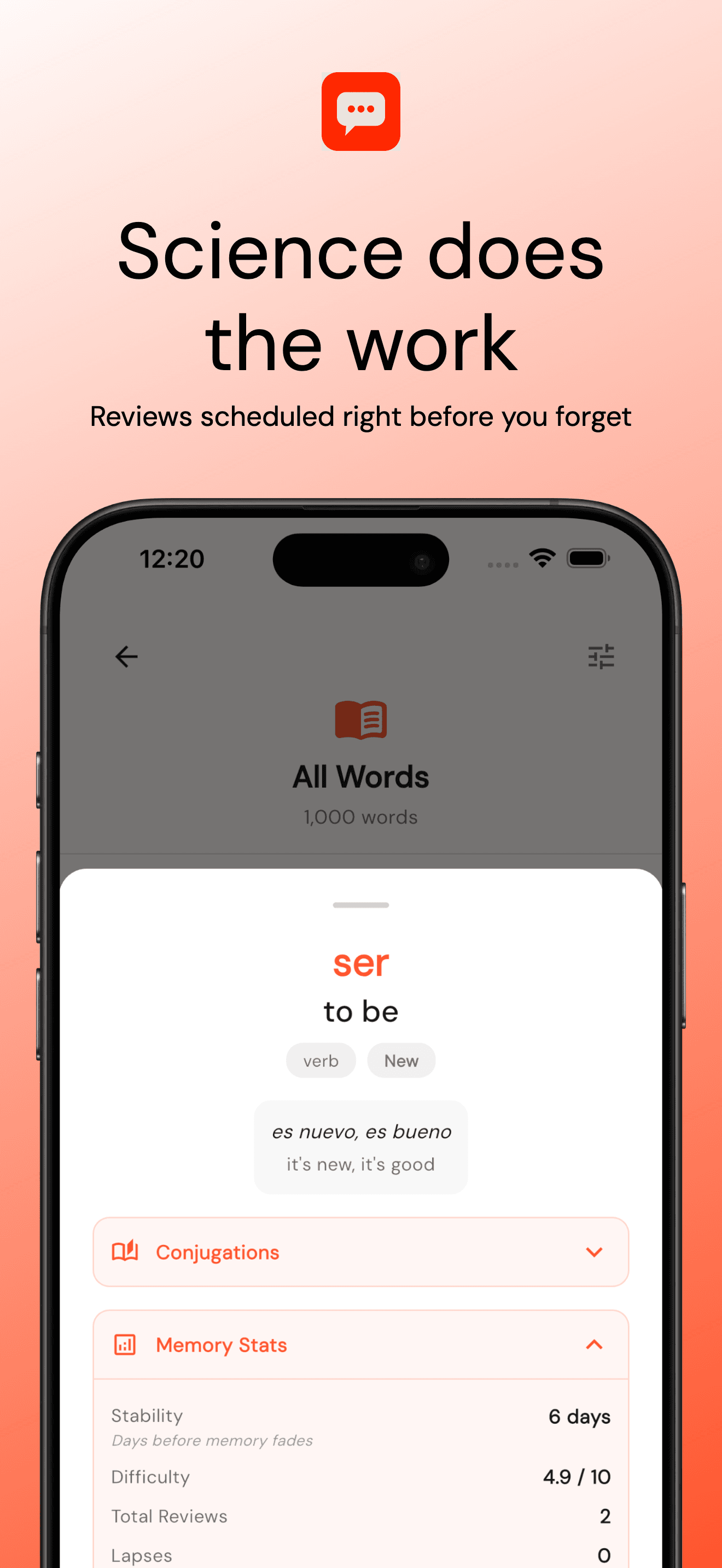 Word detail showing memory stats - stability, difficulty, and next review date