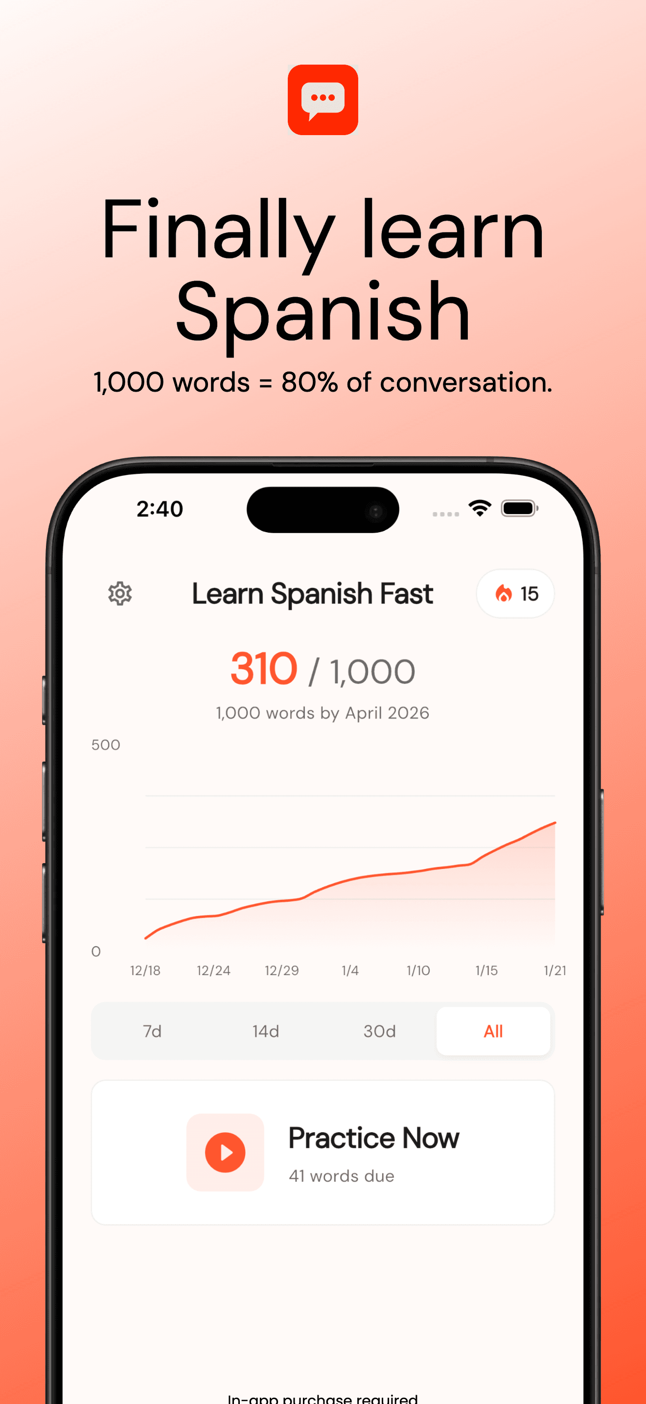 1000 Spanish Words - Finally Learn Spanish. 310 of 1,000 words learned with progress tracking.
